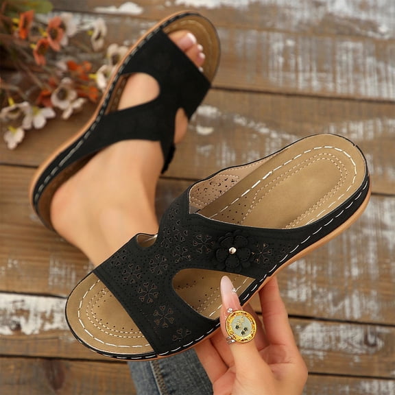 Caywon Dressy Flat Sandals for Women Comfortable Walking Arch Support Slip on Summer Casual Beach Wide Width Rhinestone Womens flats Slide Sandal Shoes