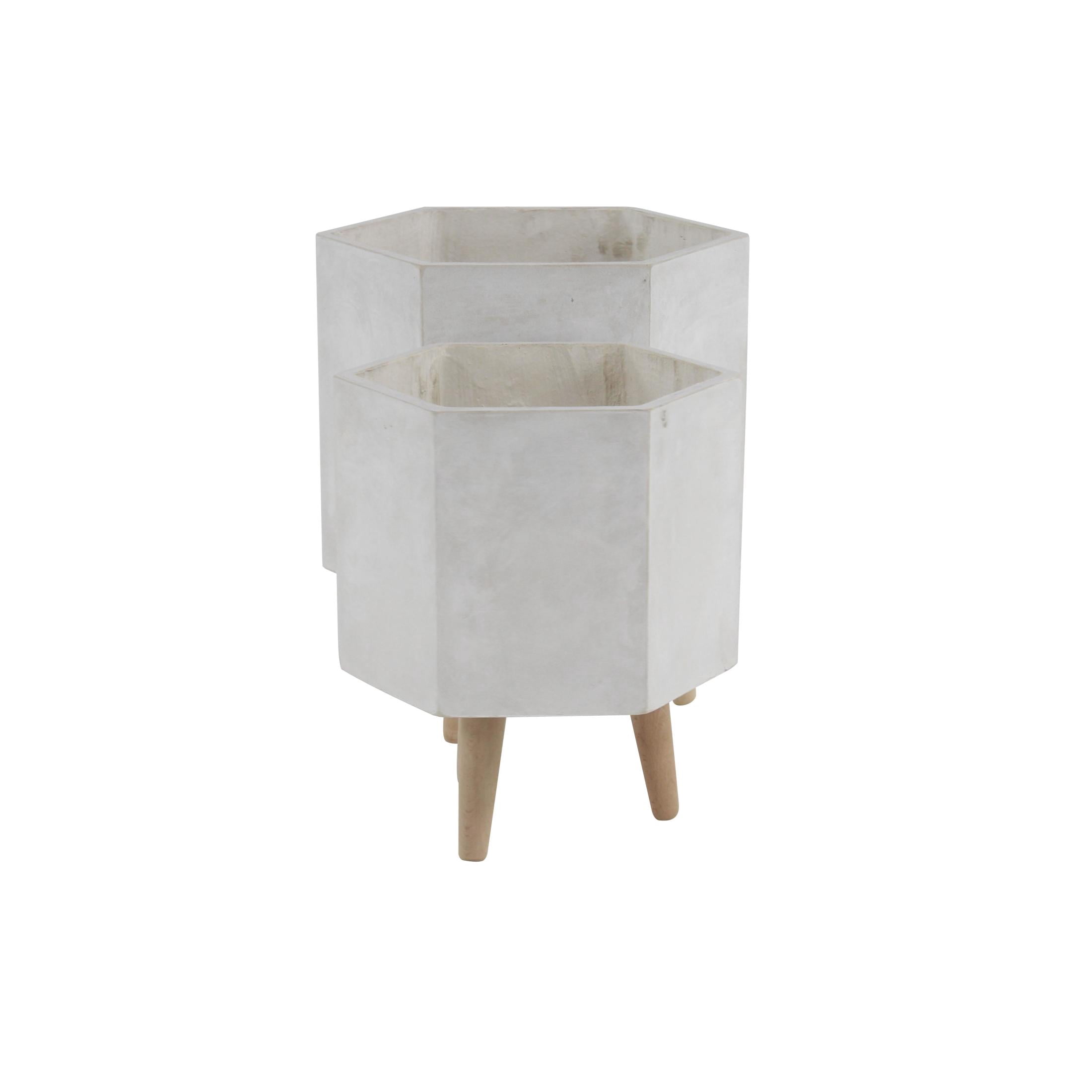 CosmoLiving by Cosmopolitan 15", 17"H Hexagon Light Gray Magnesium Oxide Geometric Planter with Brown Wooden Legs (2 Count)