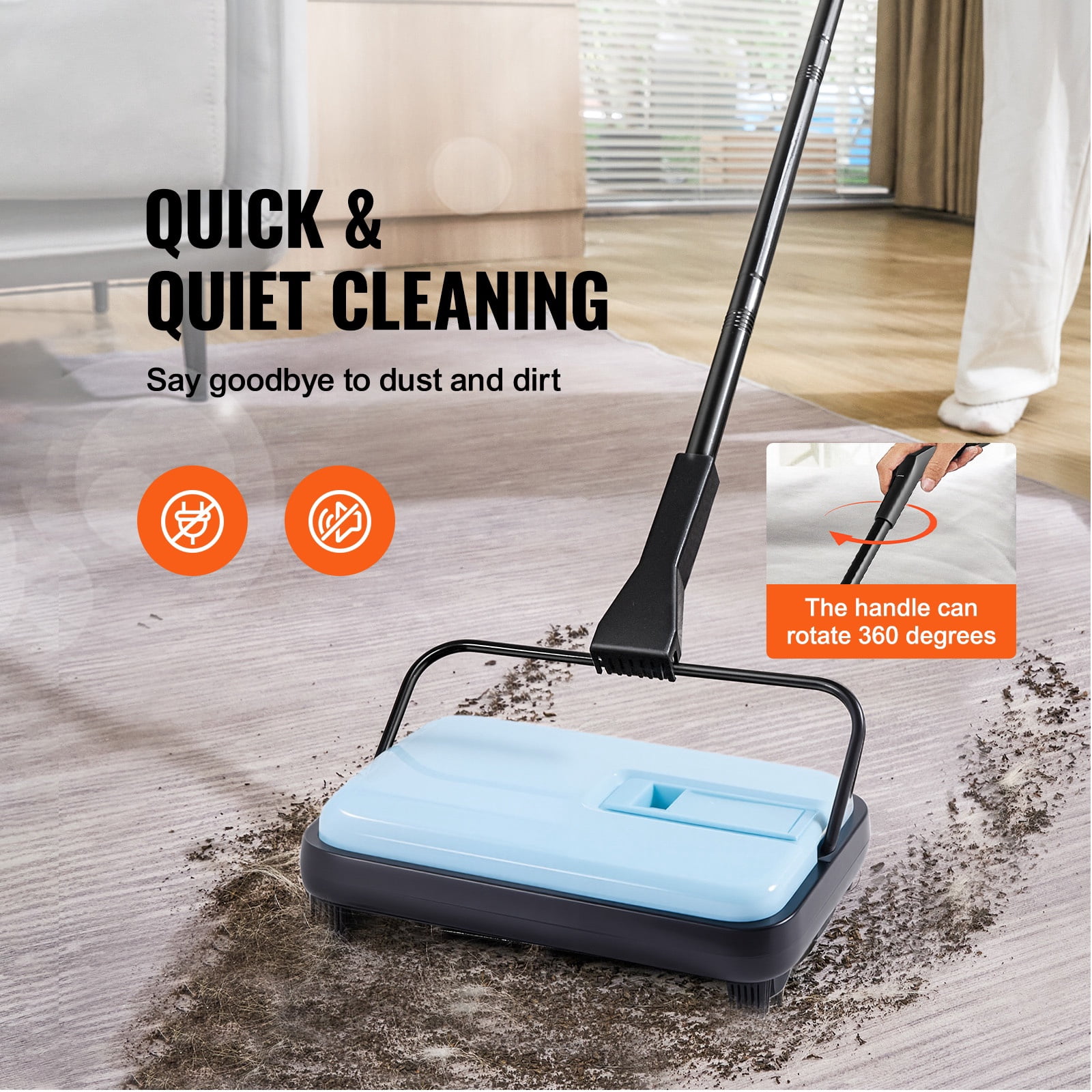 Carpet Sweeper Manual, Floor Sweeper with 300 ml Dustbin Capacity Easy to Empty, 6.7 inch Cleaning Width for Home Office Carpets Pet Hair Dust