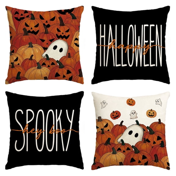 Sm:)e Black Boo Spooky Ghost Pumpkin Halloween Pillow Covers 18x18 Inch Set of 2, Cushion Covers for Sofa Home Decor