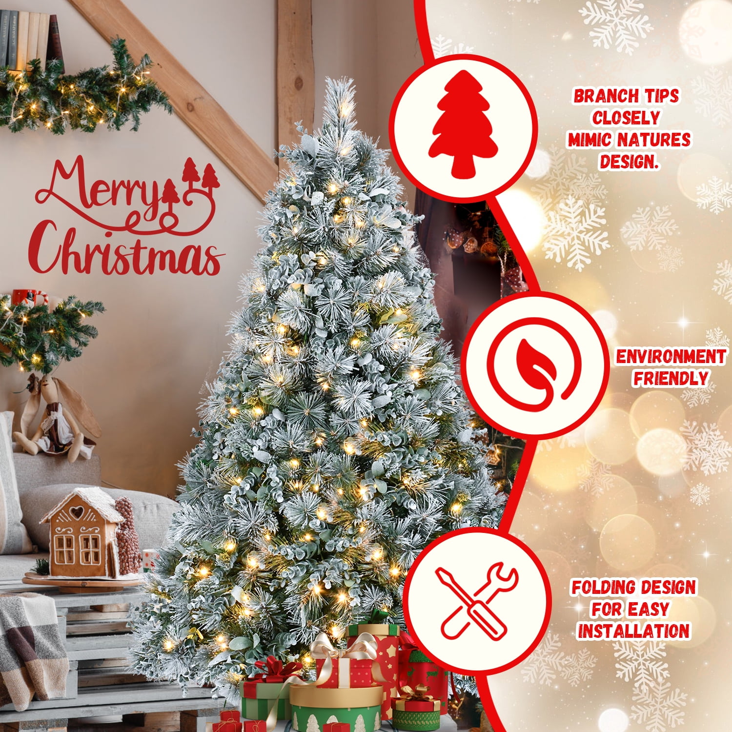 4ft Prelit Flocked Christmas Tree with Eucalyptus Leaves 404 Tips 150 LED Lights Metal Stand Indoor Decor