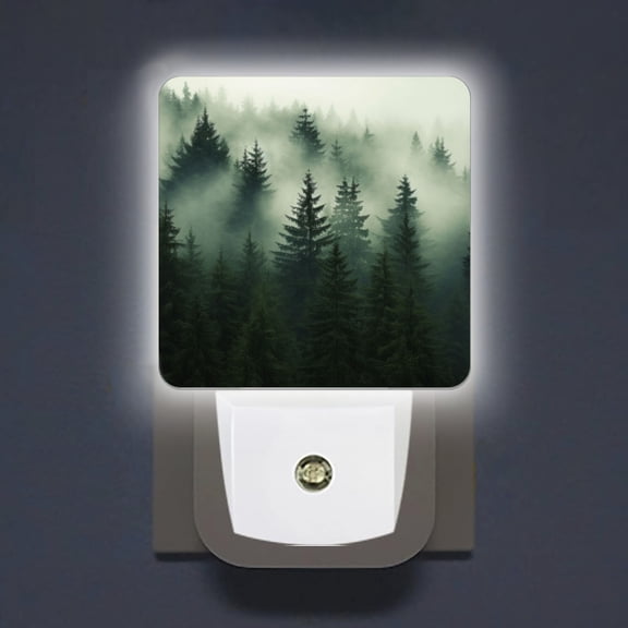 LED Night Lights Lamp with Dusk to Dawn Sensor, Dark Green Spruce And Pine Trees In Misty Night Light Plug Into Wall for Kids Room, Bedroom, Bathroom, Kitchen, Hallway