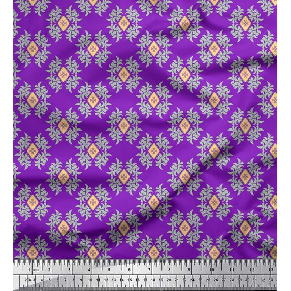 Soimoi Purple Japan Crepe Satin Fabric Artistic Flower Damask Print Fabric by Yard 42 Inch Wide
