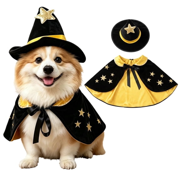 Halloween Pet Wizard Cape with Hat Set, Star Pattern Velvet Pet Witch Cloak , Magician Themed Pet Outfit for Small Dogs Cats Halloween Party Photo