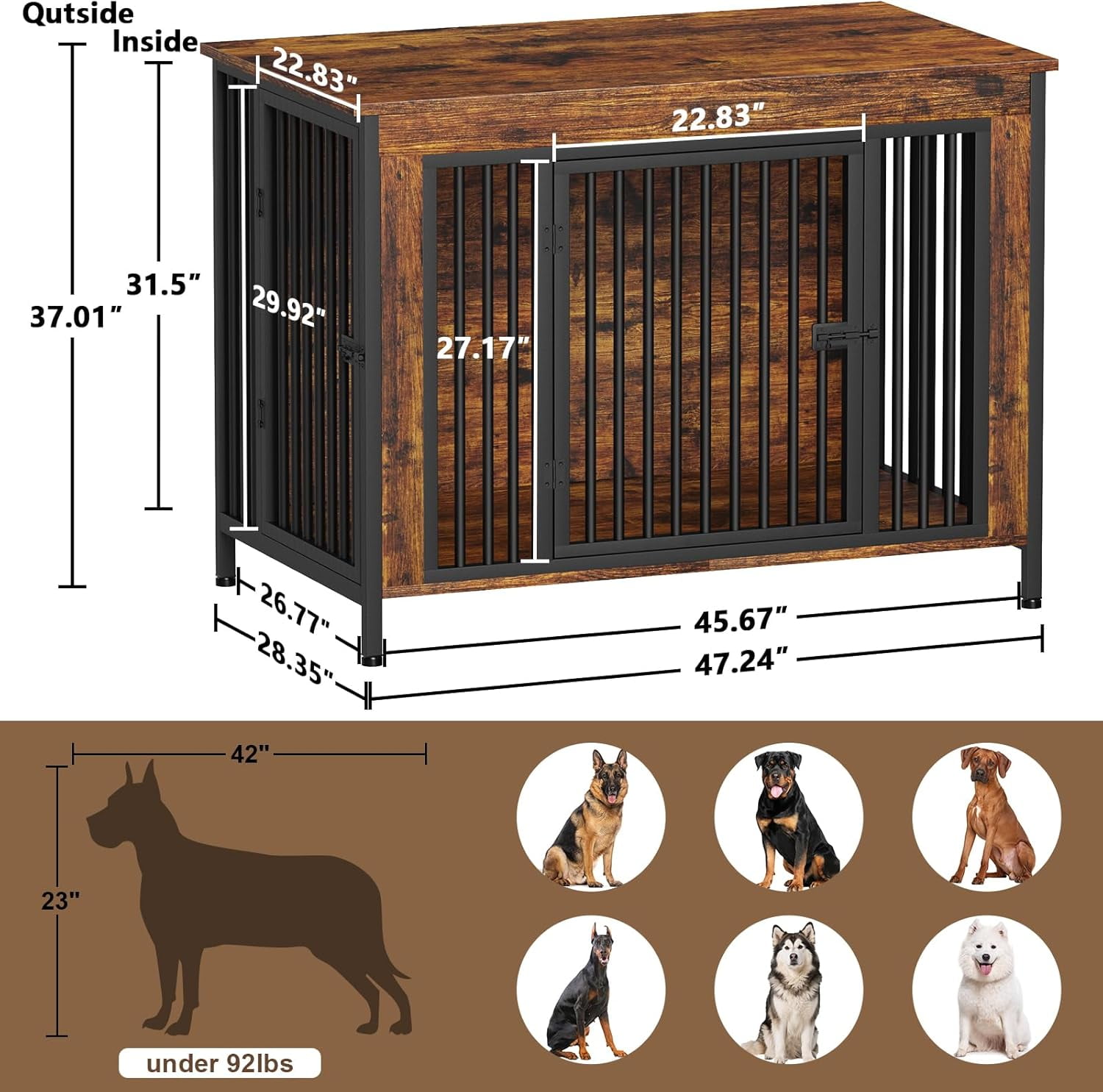 POAO 47.24" L Dog Crate Furniture for Dog, Heavy Duty Dog Crate for Large Dog(65-92 Pounds), Dog Kennel Furniture Indoor as TV Stand, Brown