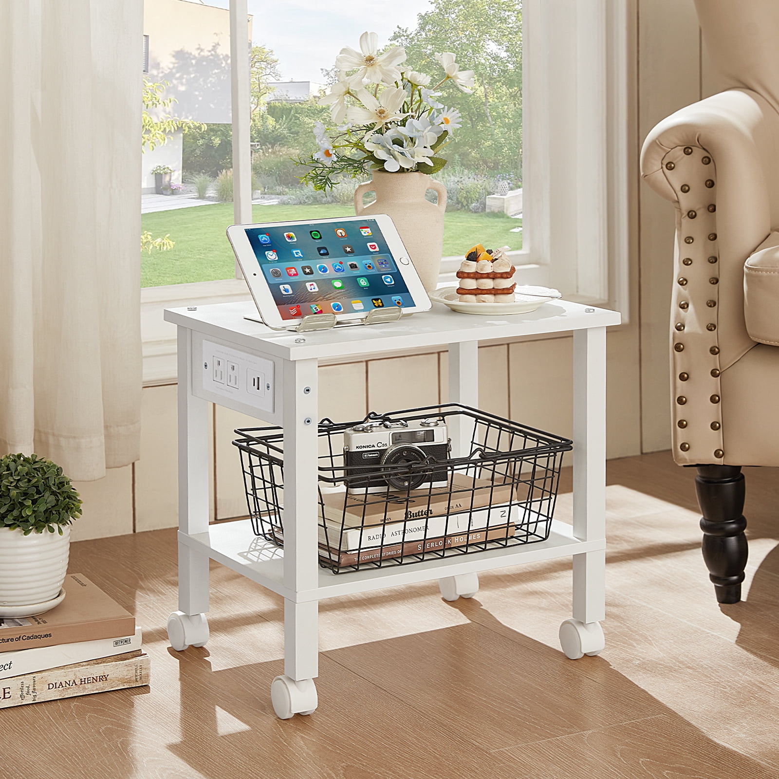 Leyaoyao Printer Stand with Charging Station, 2 Tier Rolling Printer Cart with Wheels, Under Desk Printer Stand for Office, Home
