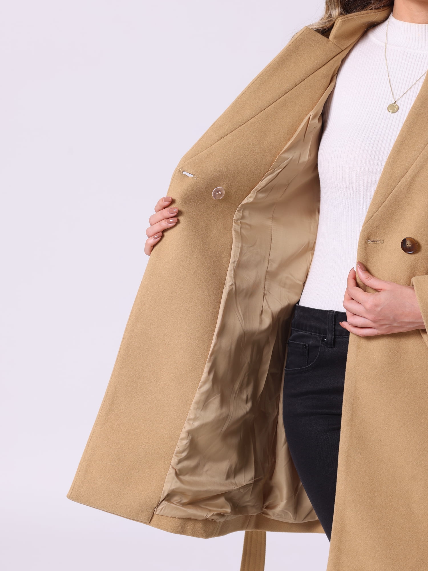 DARING DIVA Women's Vintage Belted Coat Stand Collar Winter Outwear Coats Khaki S