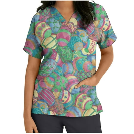 

pbnbp Women s Easter Dar Rabbits Pockets Short Sleeve V Neck Nurse Working Uniforms Scrubs Tops， Teacher Tshirts