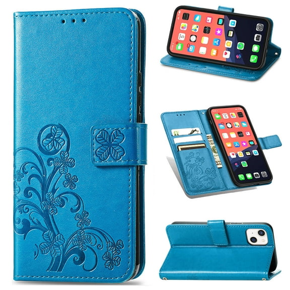 PU Leather Case for iPhone 13 Mini 5.4" 2021, Allytech Stand Foldable Case with Credit Card Holder Embossed Floral Interior TPU Shockproof Skin Case for iPhone 13 Mini, Blue