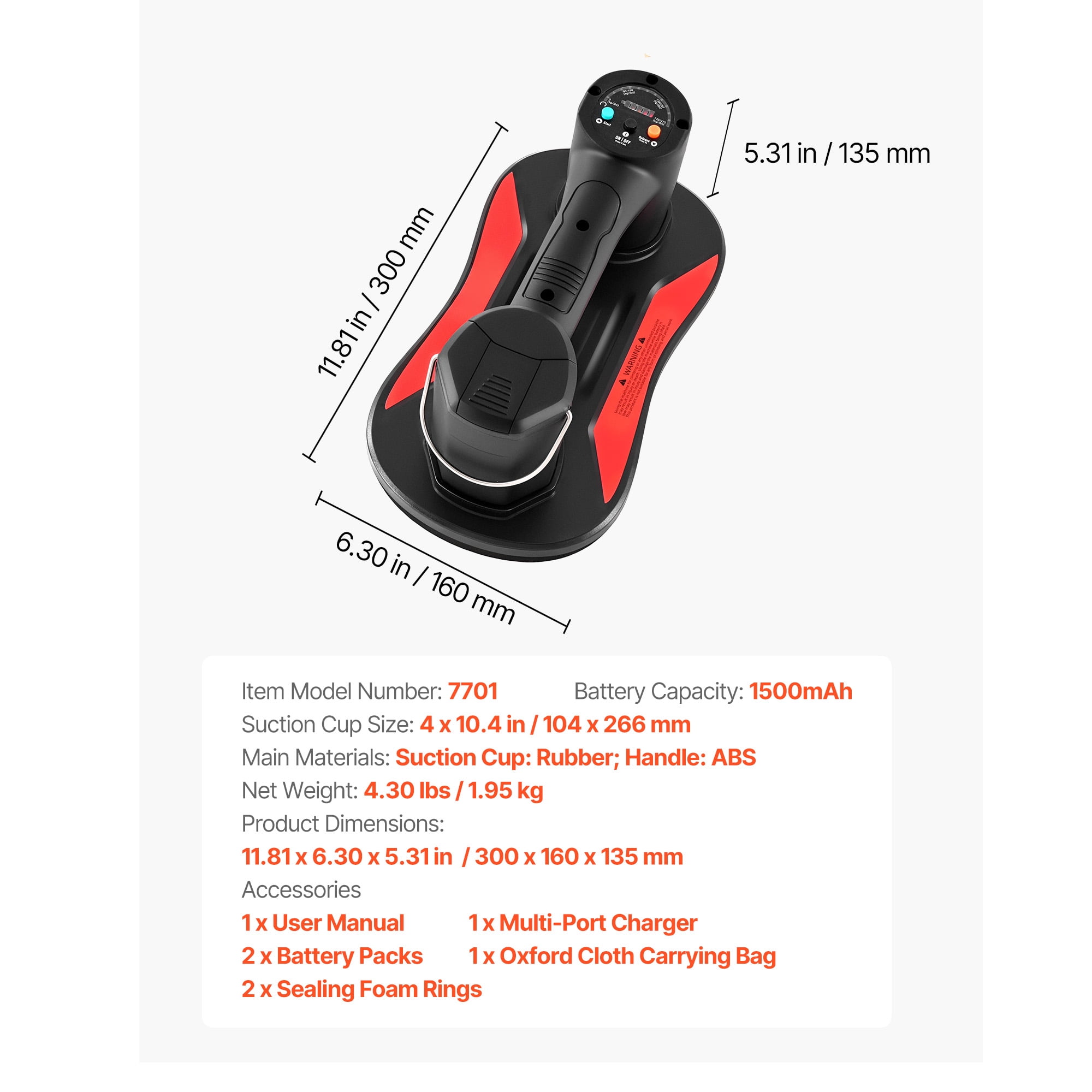 KFFKFF Electric Vacuum Suction Cup, 375 lbs Lifting Capacity, Vacuum Glass Lifter with Digital Display, Durable Suction Tool for Handling Tile, Granite, Wood, Pavers, Drywall, and Windows