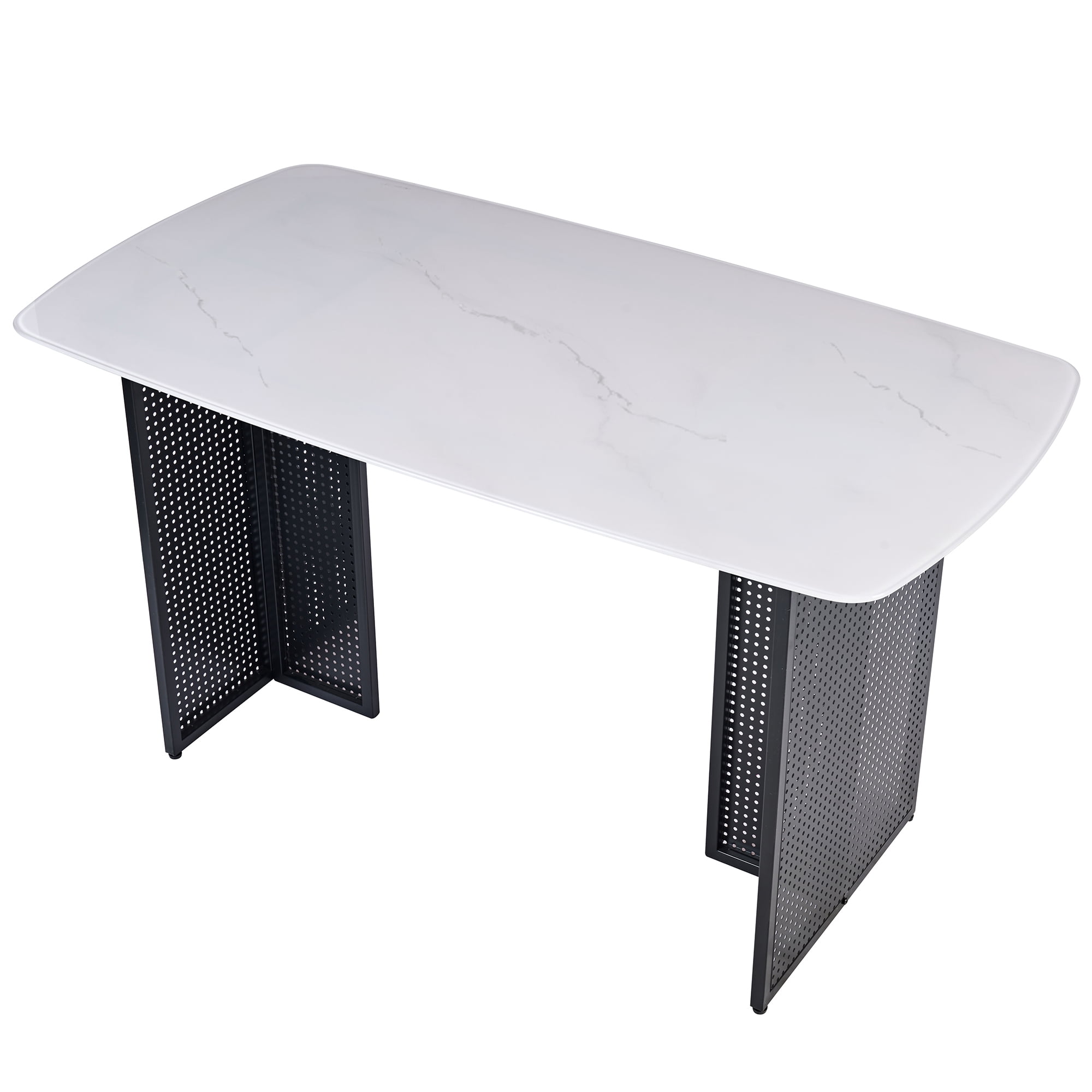 Euroco 51.2inch Glass Dining Table for 6,Rectangular Kitchen Table with Marble-Patterned Design and Metal Legs for Kitchen Living Room,White