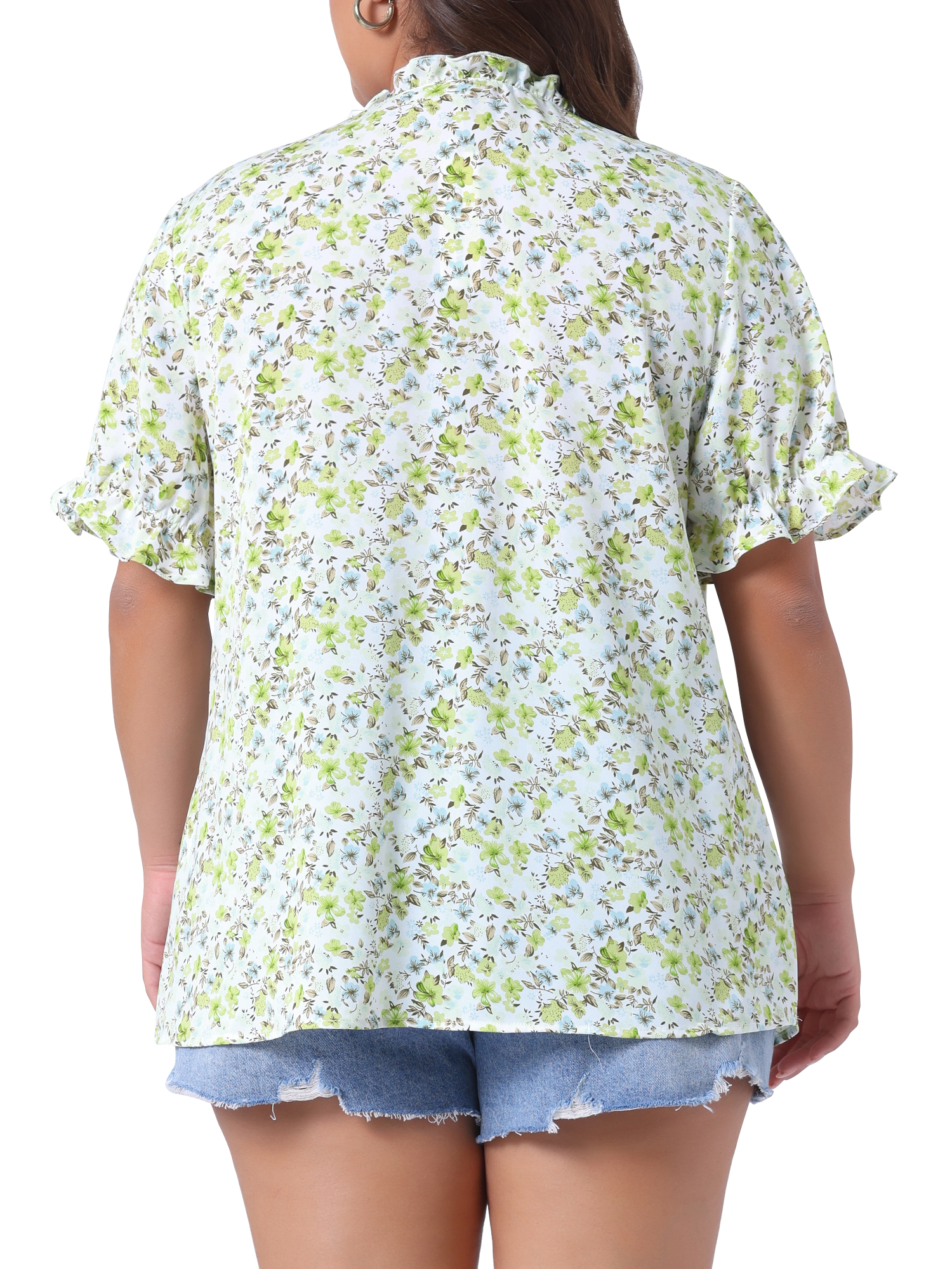 Women's Plus Summer Tops Floral V Neck Ruffle Puff Short Sleeve Casual Blouse Top 1X Green