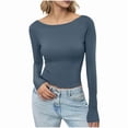 thumbnail image 4 of Aobny Basic Women's T-Shirts Long Sleeve Boat Neck Blue Slim Blouses College Going Out Tops,XS, 4 of 5