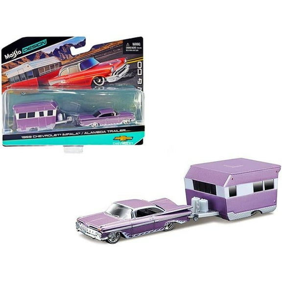 Maisto 15368-22C 1 to 64 Scale 1959 Chevrolet Impala Graphics & Alameda Trailer Purple Metallic & White Tow & Go Series Diecast Model Car
