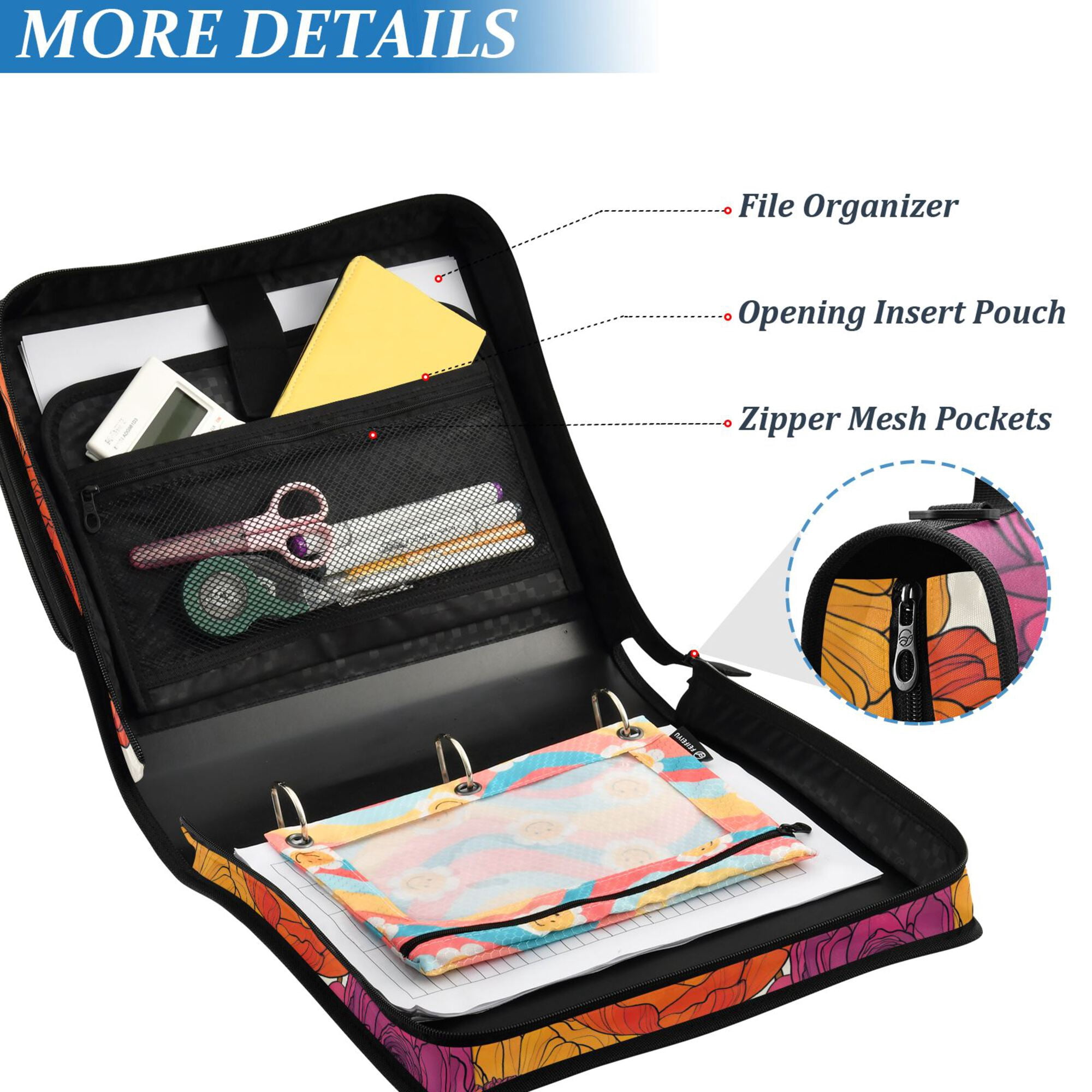 FORMRS Zipper Binder with Shoulder Strap 2-inch Ring 500 Sheet Capacity File Bag, Purple Hand Drawn Floral