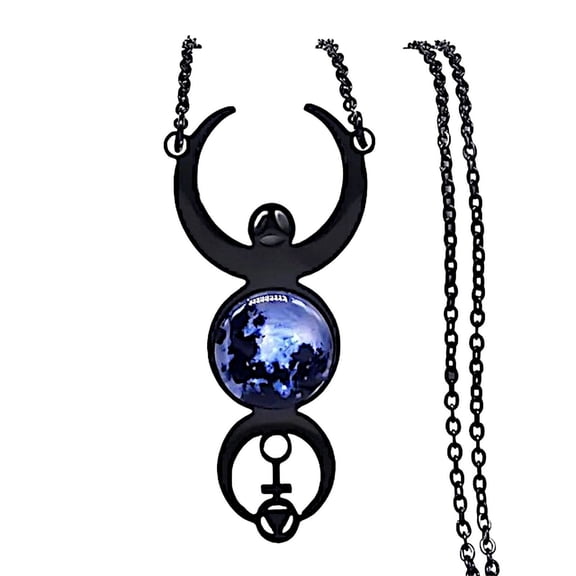 Triple Moon Goddess Necklace Black 316L Stainless Steel Pagan Wicca Pendant Womens Fantasy Forge Jewelry