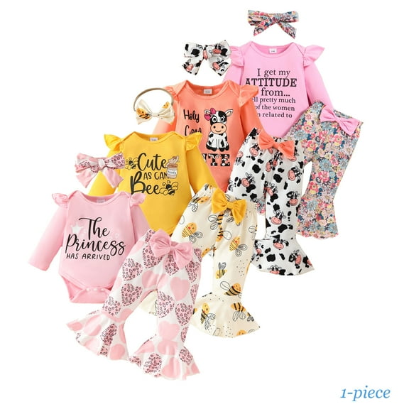 Emy Dola Newborn Baby Girl Clothes Infant Girl Outfits Long Sleeve Ruffle Letter Romper Floral Bell Bottoms Headband Set
