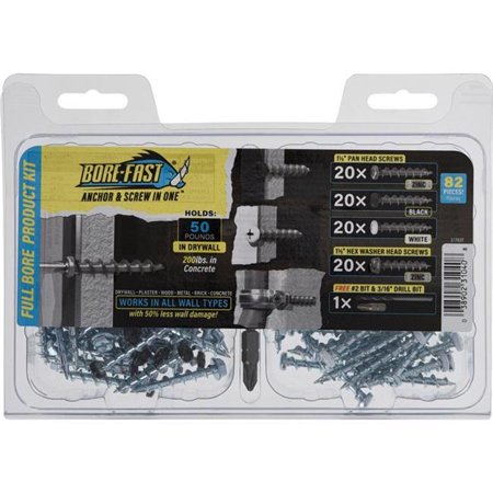 

Borefast 5037086 0.18 x 1.5 in. Steel Pan Head Screw & Anchor - 82 Piece - Pack of 3