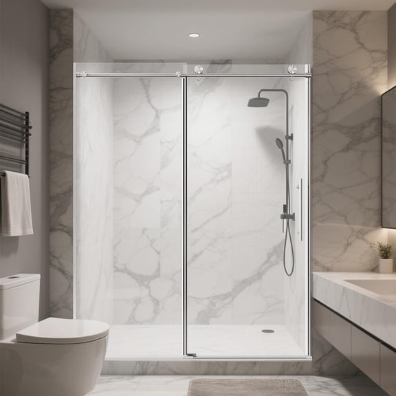 56-60" W * 76" H Stainless Steel Round Tube Frameless Single Sliding Shower Door, 1/4"-thick (6mm) SGCC Clear Tempered Glass Door, Reversible Installation, Brushed Nickel