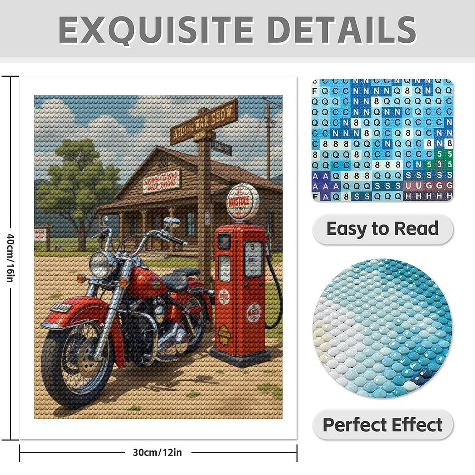 Diamond Art Kit for Adults, Vintage Motorcycle Gas Stop Diamond Painting for Adults Beginners, DIY Diamond Art Painting Kits, 5D Diamond Painting Crafts for Home Decor 12x16 Frameless