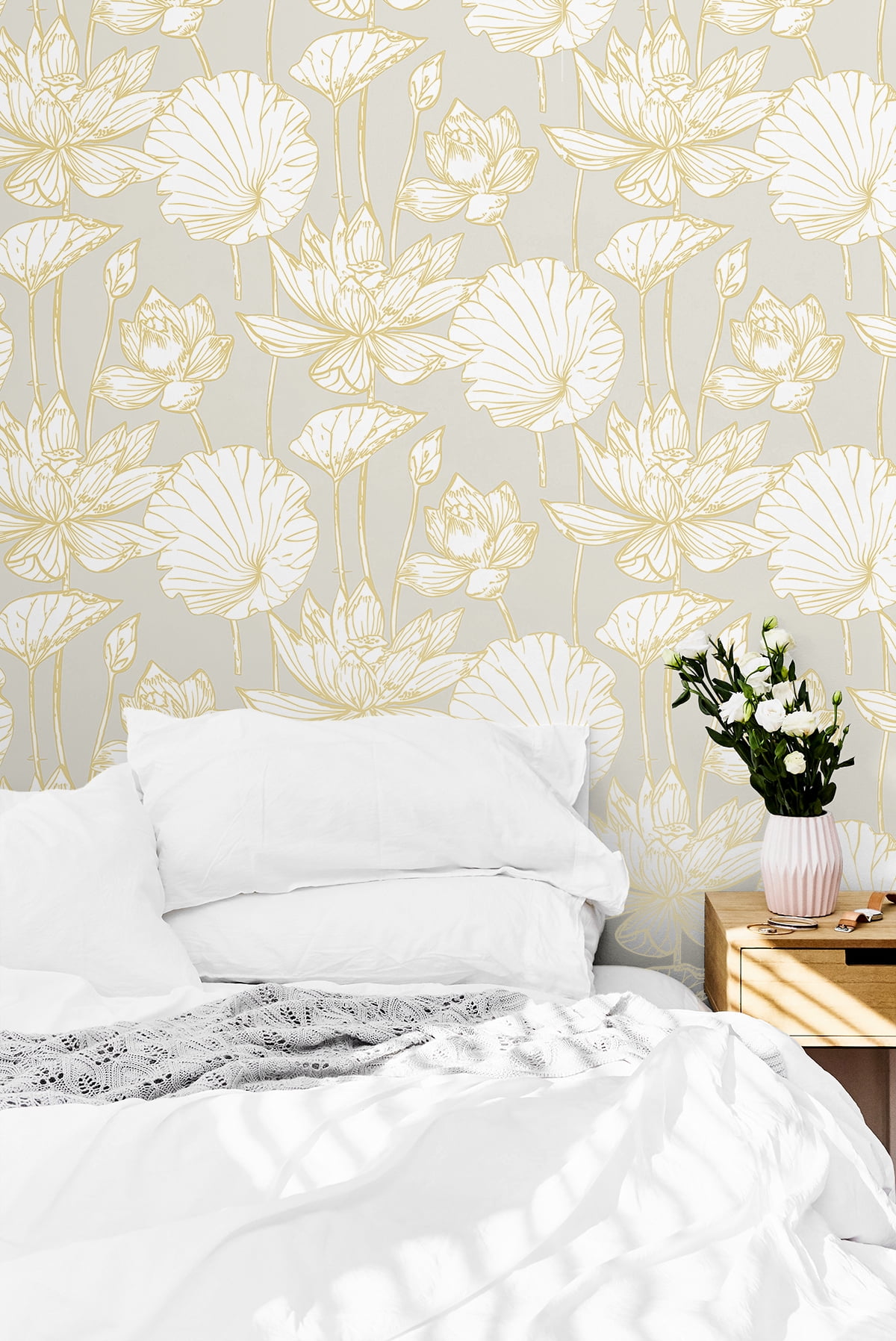 NextWall Metallic Gold & Grey Lotus Floral Peel and Stick Wallpaper - 20.5 in. W x 18 ft. L Roll