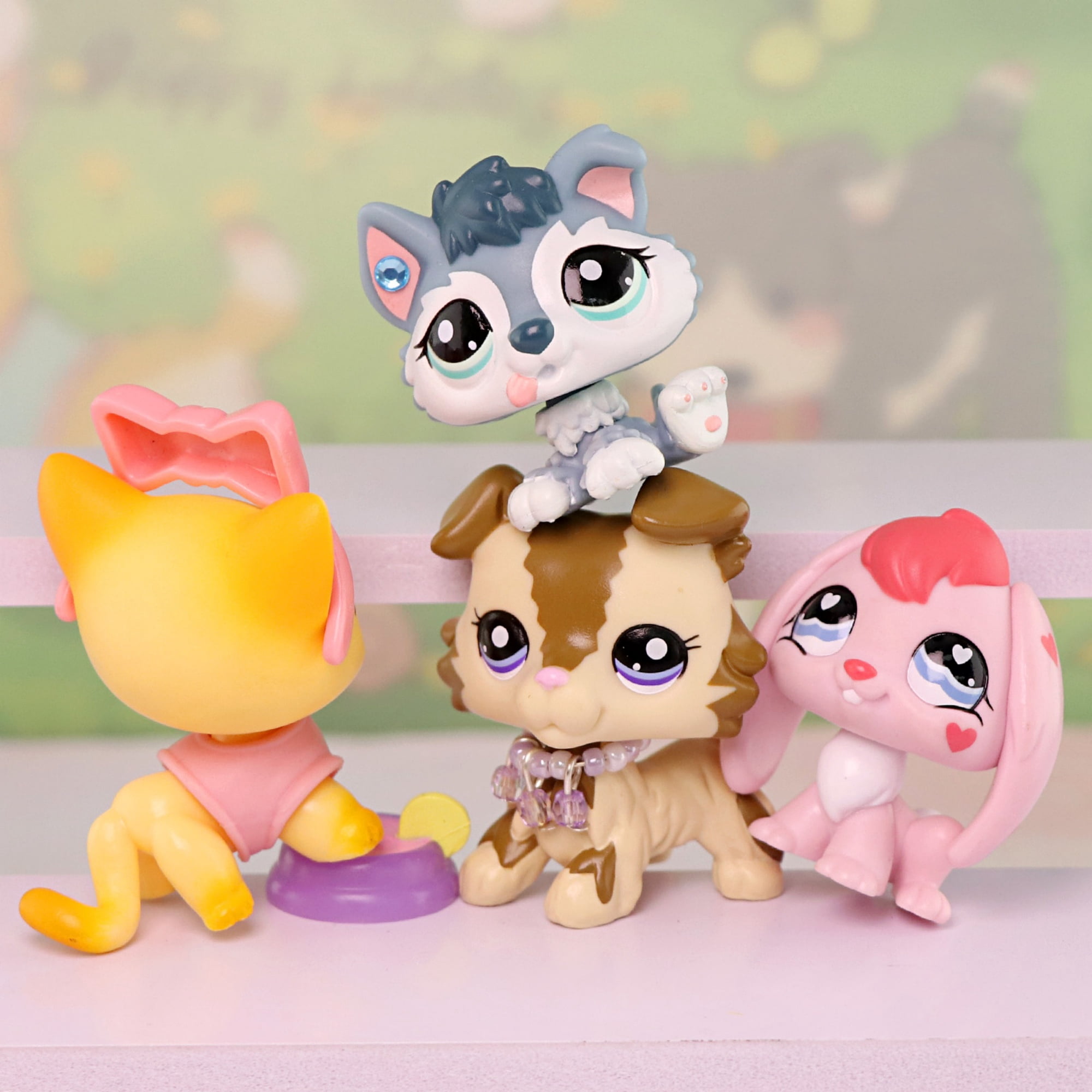 4pcs Mini Pet Toys Bunny Rabbit Collie Short Hair Cat Husky Puppy with Accessories,Gift for Kids