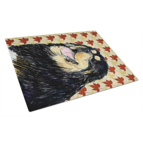 Tibetan Mastiff Fall Leaves Portrait Glass Cutting Board Large