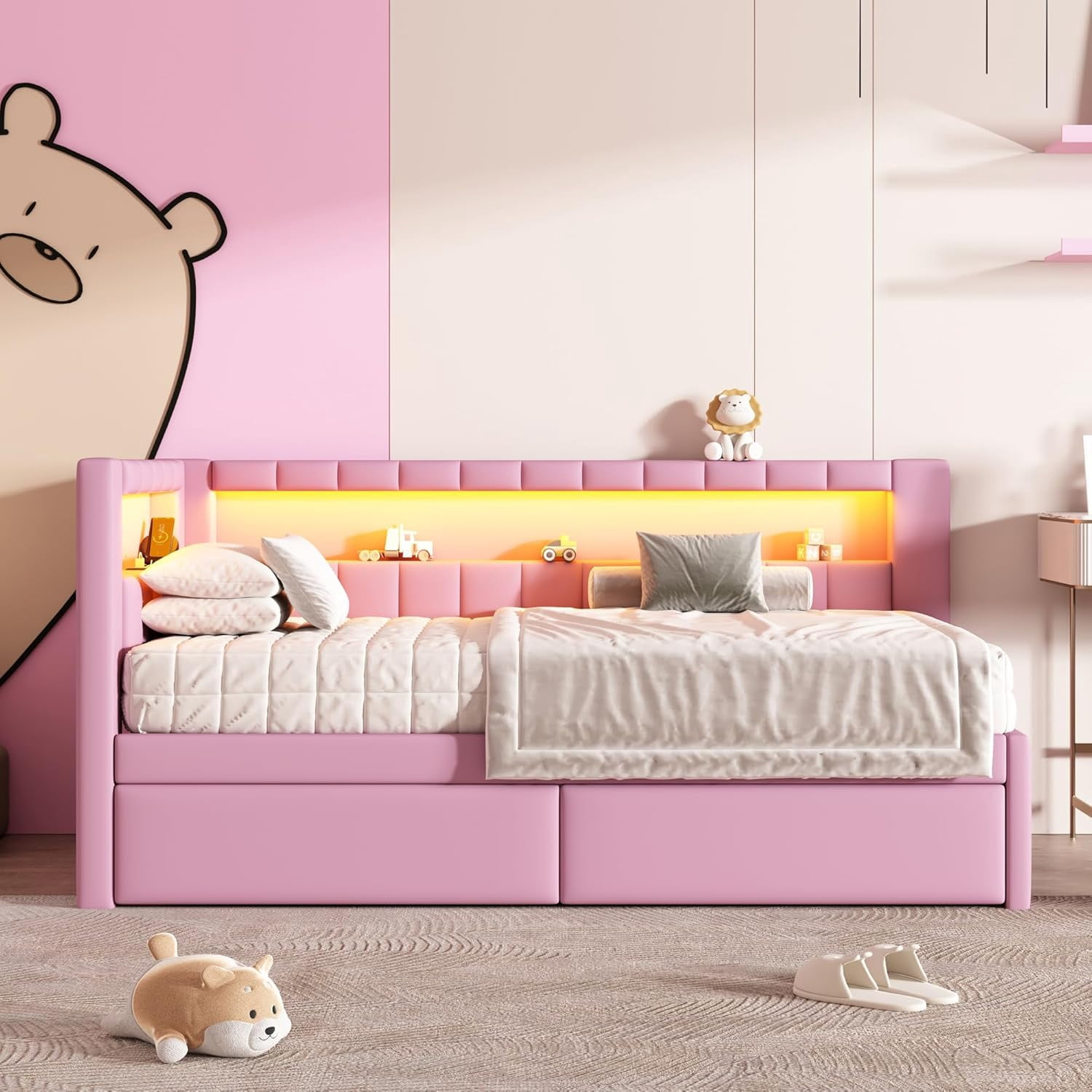 AISWORD Twin Size Daybed with Storage Drawers and L-Shaped Bookshelf Headboard, Upholstered Soft Corner Bed with Shelves, Charging Station and LED Belt, Pink