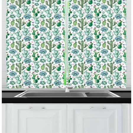 Hand Painted Pear Cactus Curtains 2 Panels Set, Hand Painted Style Exotic Plant Collection Saguaro Prickly Pear Succulents Spikes, Window Drapes for Living Room Bedroom, 55W X 39L Inches, Multicolor, by Ambesonne ()