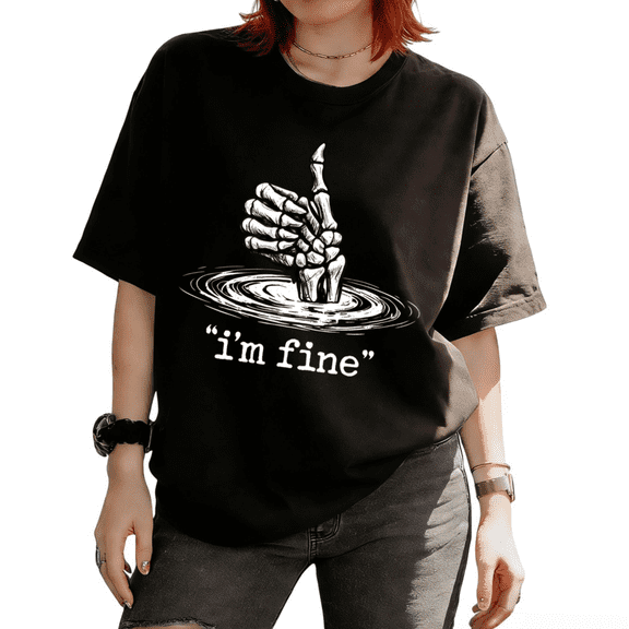 Cozymy Women’s Detailed Skeleton Hand Tee - Expressive "I'm Fine" Graphic Crew Neck Short Sleeve T-Shirt, Cool Comic Style Top