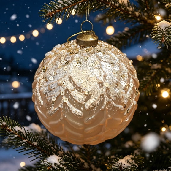 Linargent 3in Champagne Glitter Ribbed Christmas Ball Ornament, Shatterproof Plastic Lightweight Hanging Bauble For Xmas Tree Holiday Home Decoration