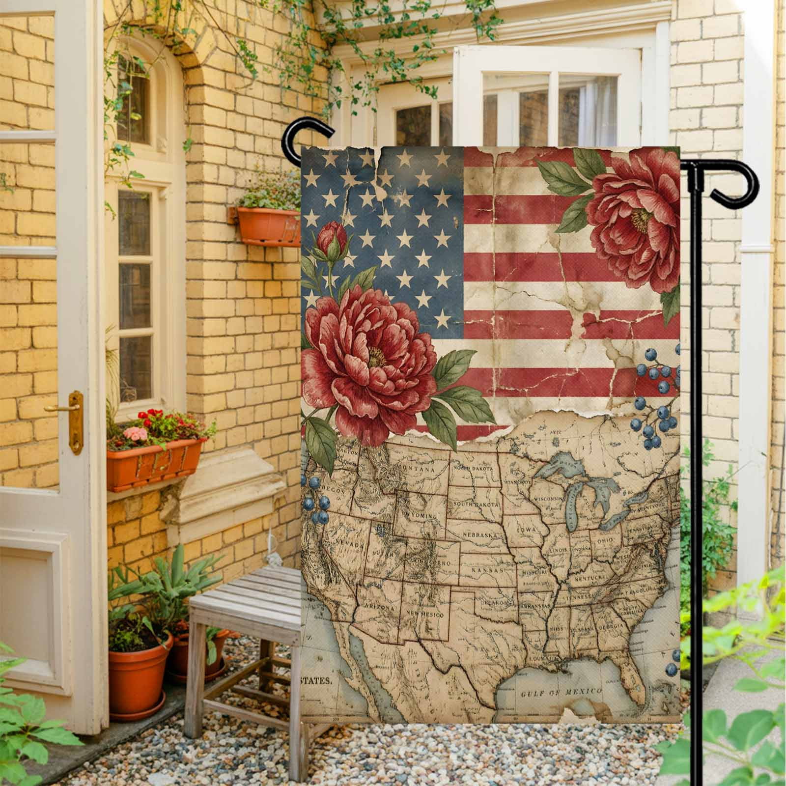 4th of July Garden Flags Retro American Flag Garden Flag Double Sided Welcome Flag Cottagecore Usa Map Red Peony Independence Day Yard Flags for Outdoor Lawn Porch Memorial Day Decor 28x40 Inch