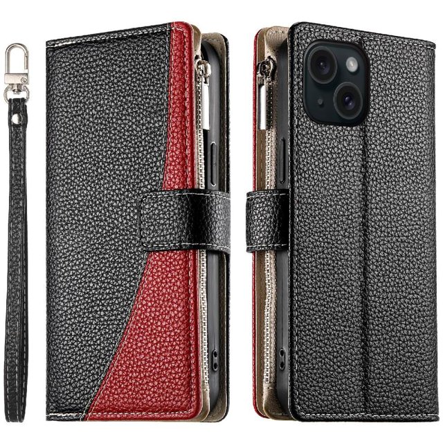 Funda cartera GANGXUN para iPhone 15 , cuero PU con tarjetero, cremallera, correa de mano, soporte y protección 823°