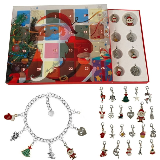 Xihbxyly Calendario de Cuenta Regresiva para Navidad, Juego de Pulseras con Dijes Diy, 24 Cuentas Navideñas, Calendario de Adviento Sorpresa, Regalo Navideño para Mujer, Caja de 20,5 X 17,5 Cm