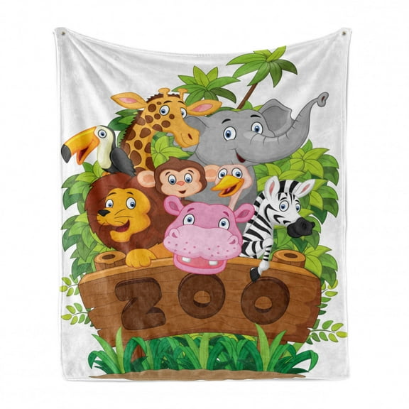 Zoo Soft Flannel Fleece Blanket, Cartoon Style Pattern of Several Happy Animals of Zoo Fresh Plants Grass Trees Cheerful, Cozy Plush for Indoor and Outdoor Use, 70" x 90", Multicolor, by Ambesonne