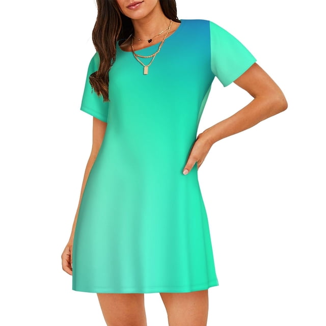 Vsdgher Motif Couleurs Bleu Vert Chemise de Nuit à Manches Courtes Col Rond Mignonne Robe de Nuit Confortable