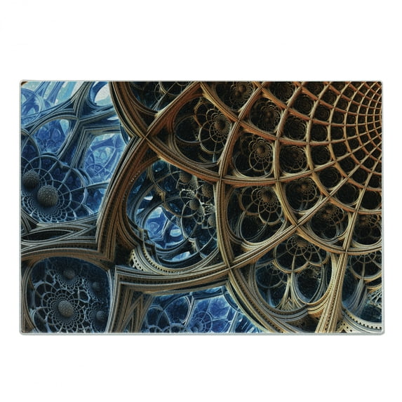 Fractal Cutting Board, Dimensional Stripes Pattern with Retro Baroque Influences Robotic Design, Decorative Tempered Glass Cutting and Serving Board, Small Size, Brown Blue, by Ambesonne