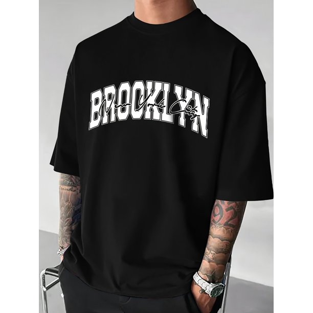 Brooklyn New York Men's Casual Tee - Breathable Cotton, Round Neck, Short Sleeve with Letter Print Design, Casual Sporty Tee, Summer Gifts