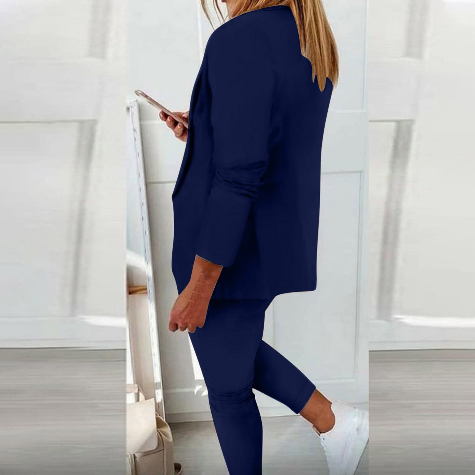 REORIAFEE Blazer Sets Women Outfits Disco Outfits Women's Long Sleeve Suit  Pants Casual Elegant Business Suit Dark Blue L 
