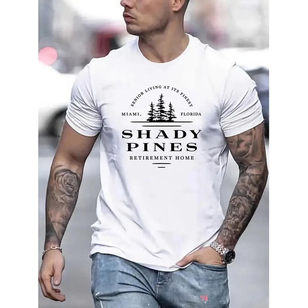 Camiseta informal de manga corta con cuello redondo para hombre - Estampado de Shady Pines Retirement Home. Ideal para el verano y el tiempo libre.