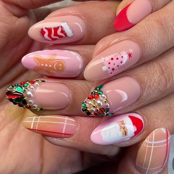 24 Pcs French Tip Almond Shape Acrylic Nails Santa on Nails Christmas Full Covers False Nails