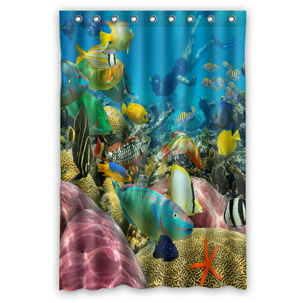 Eczjnt Man Underwater Swims Colorful, Shower Curtain Tropical Fish