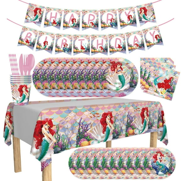 Ariel Birthday Party Decorations - Princess Themed Supplies Includes Plates, Cups, Napkins, Banner, Cutlery, Tablecloth