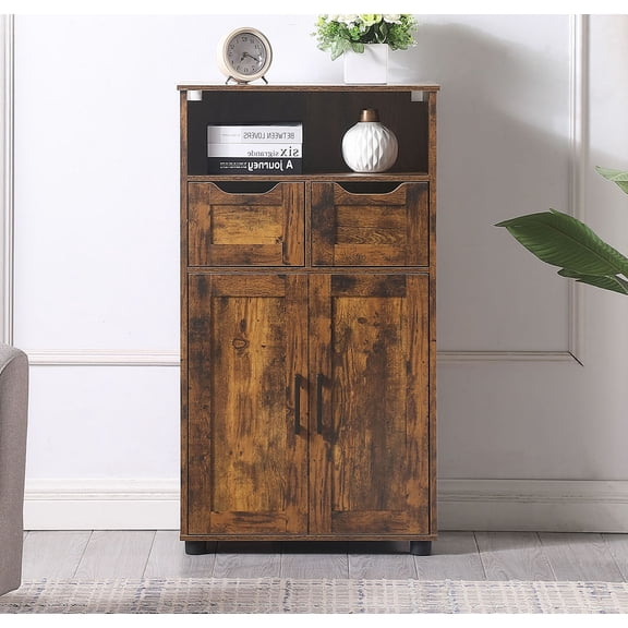 Tall Storage Cabinet in Rustic Brown with 2 Large Drawers and Adjustable Shelf for Living Room or Bathroom Organization