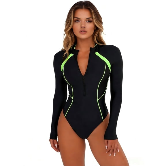 LOEL Women's Long Sleeve Zip Rash Guard One-Piece Swimsuit with Contrast Piping