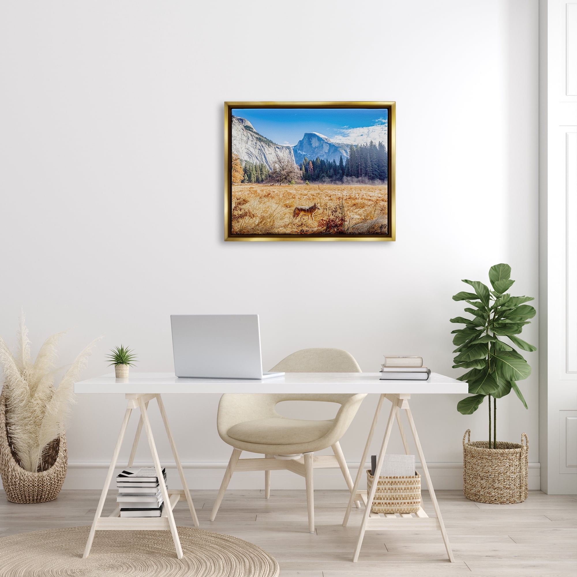 Stupell Industries Wolf Grazing Rural Grassland Clear Sky Mountains Photograph Metallic Gold Floating Framed Canvas Print Wall Art, Design by Jeff Poe Photography