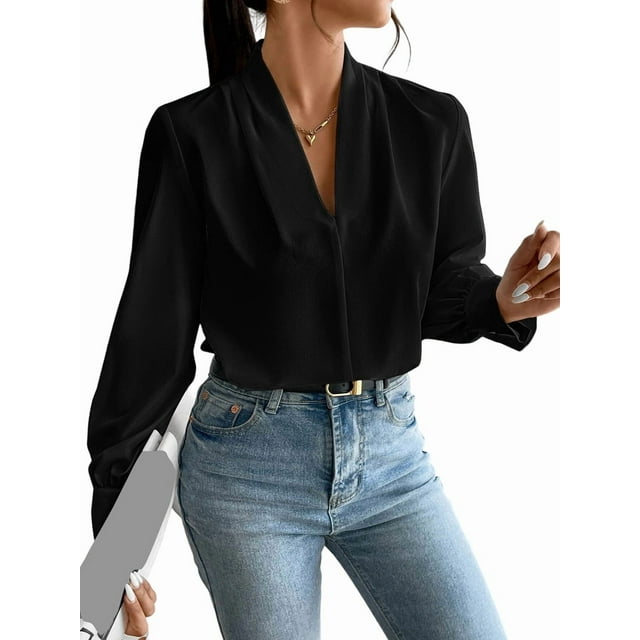 Blusas de Trabajo para Mujer, Blusas de Larga, Blusas de Oficina con Cuello en V, Blusas de para Mujer Negro L