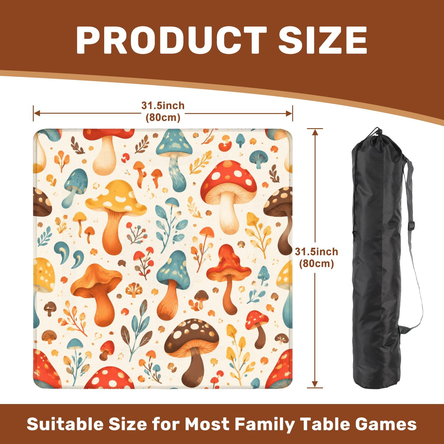 Mahjong Mat 31.5" x 31.5" Whimsical Mushroom Floral Vibrant Autumn Colors Non-Slip Noise Reduction American Mahjong Tiles Table Cover for Dominoes Poker Card Board Games Gift