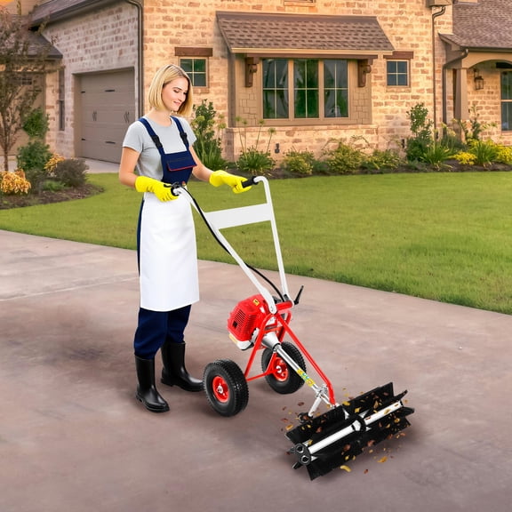 Miumaeov Gas Power Sweeper 43CC 1.7HP Sweeping Broom for Lawn Carpet Artificial Grass Brush Sweeper with Gearbox and Height-Adjustable Handle Snow Cleaning Machine