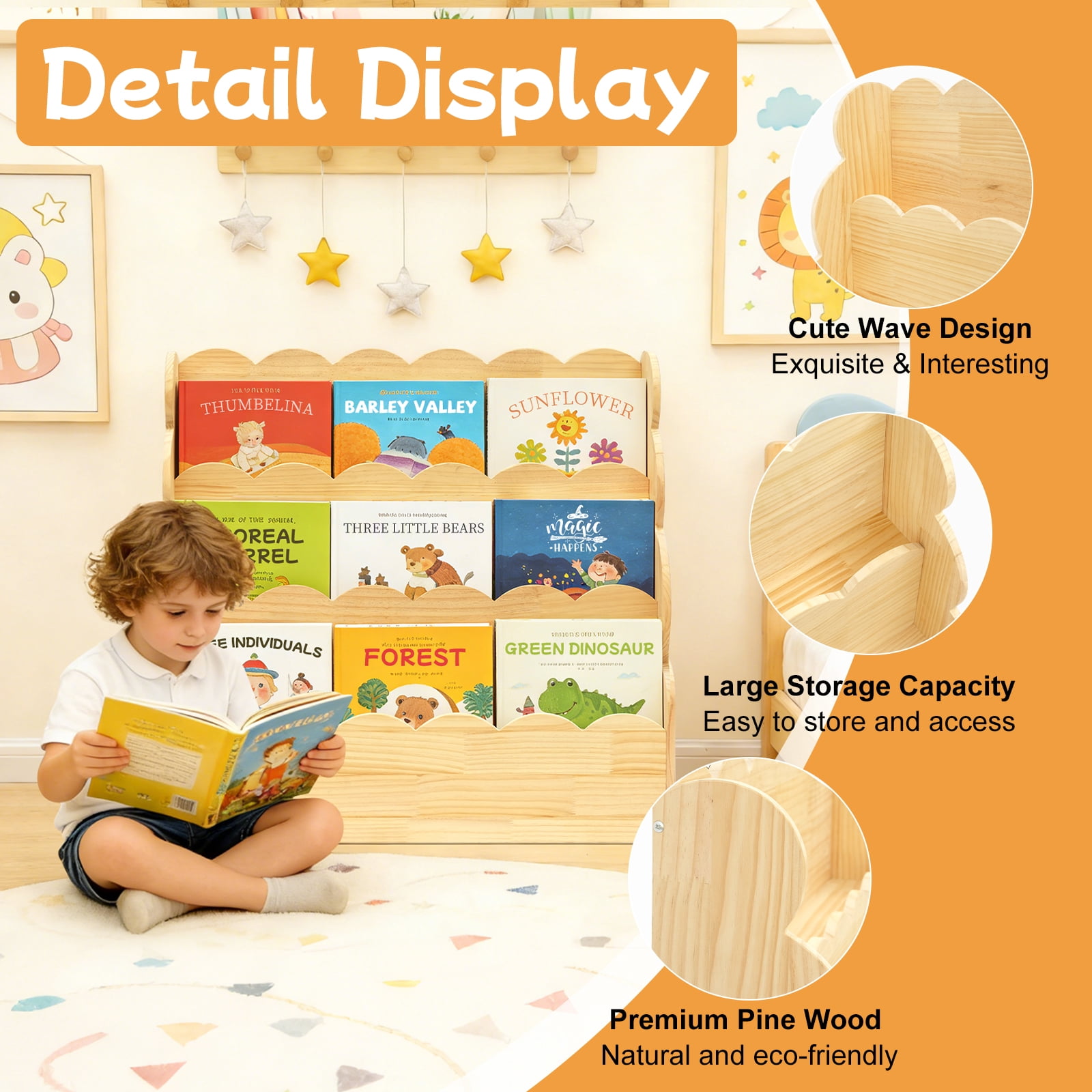 Yeulluey 3-Tier Scalloped Bookshelf, Montessori Bookcase for Toddlers, Wooden Book Shelf Organizer Display Furniture for Kids Rooms, Playroom, Nursery , Natural